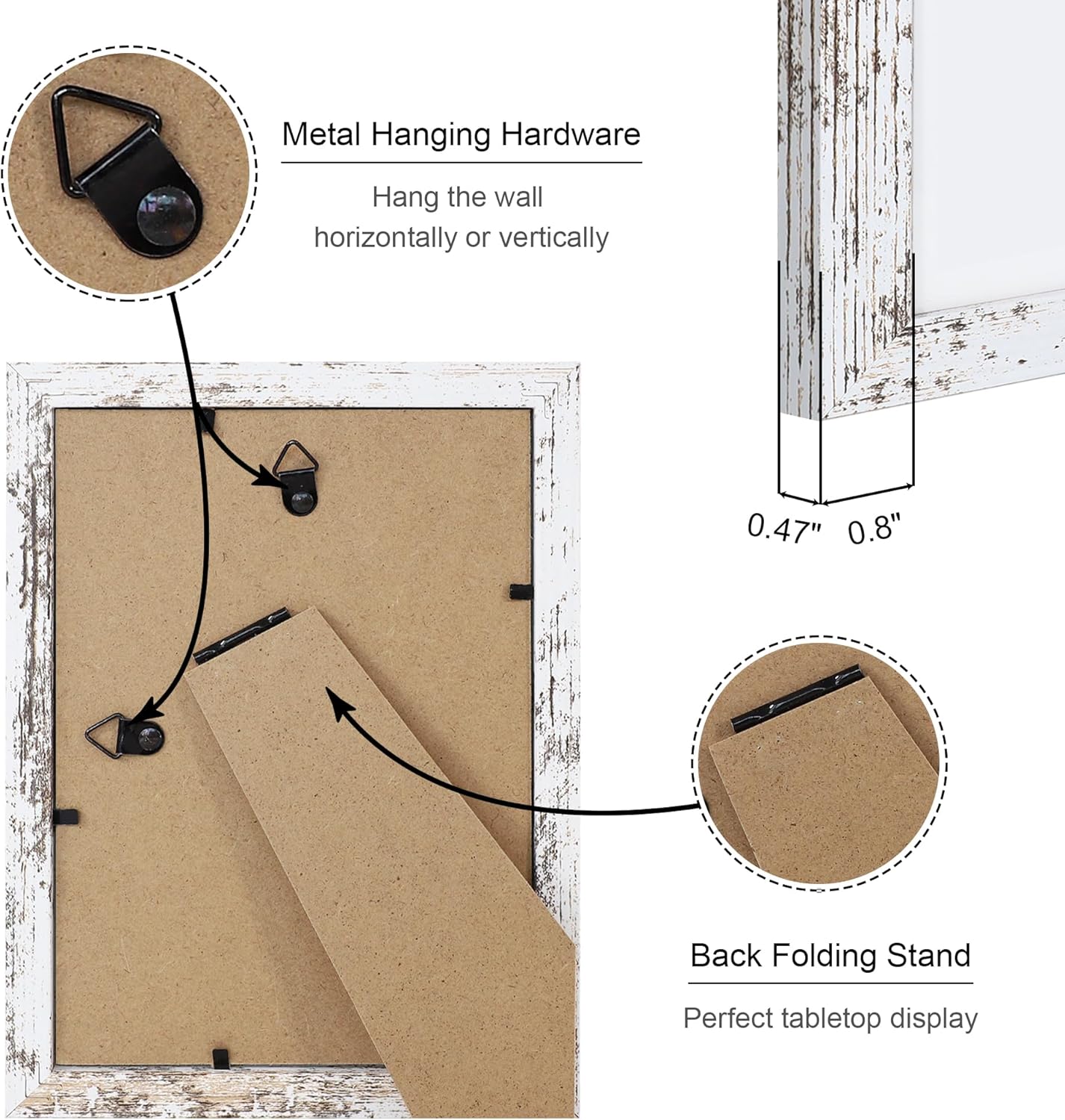 5x7 Picture Frame Set of 4, 5 x 7 Wood Photo Frames with Mat for 4x6, Rustic Natural Wooden Frame with Real Glass Cover for Wall and Tabletop Display,Distressed White