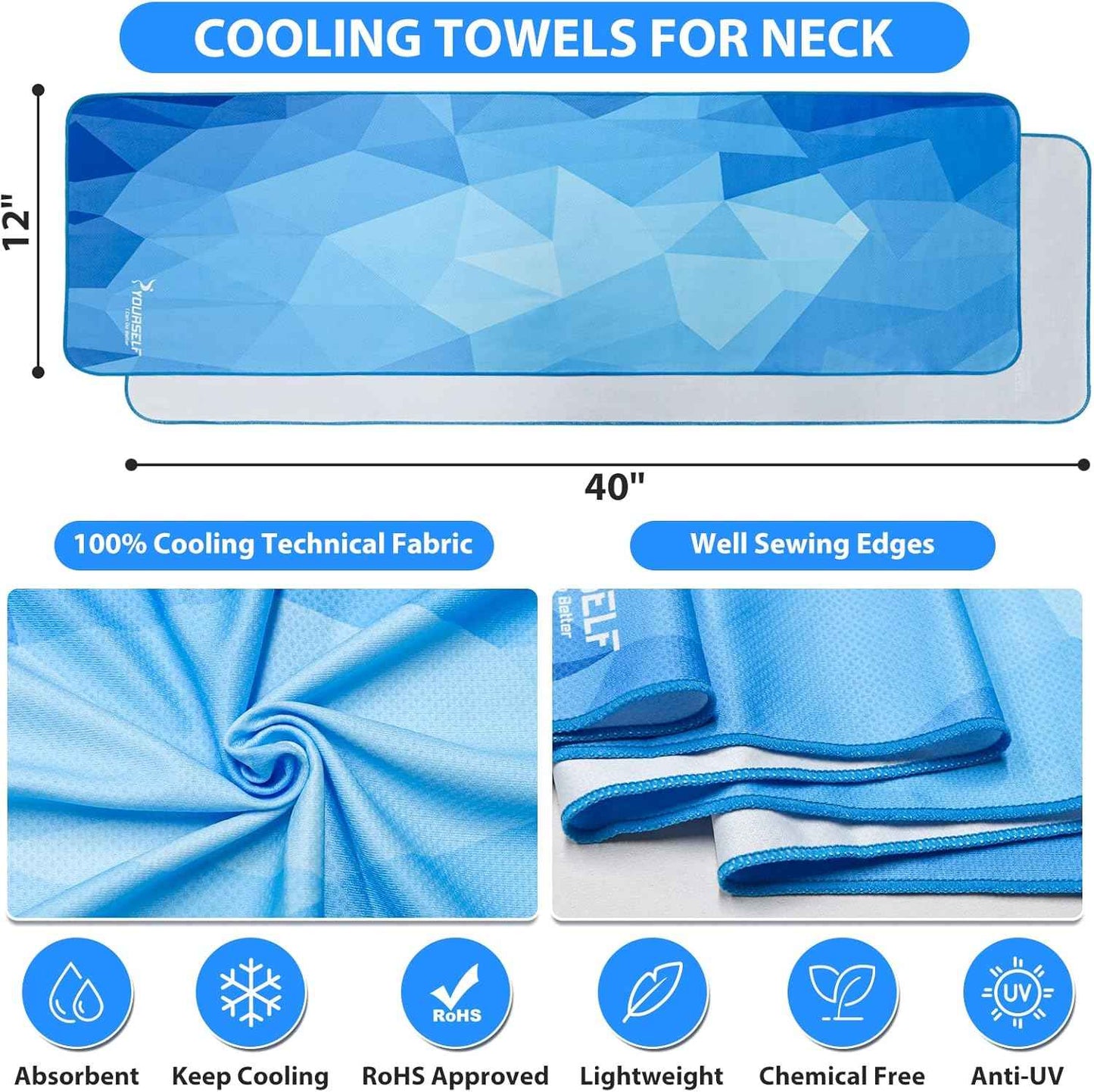 SYOURSELF Cooling Towels for Neck and Face, 4 Pack 40" x 12" Cooling Towel for Hot Weather, Soft Breathable Instant Cool Chilly Pad for Sports Golf Yoga Gym Athletes Camping Ice Towels(Mix-4pcs)