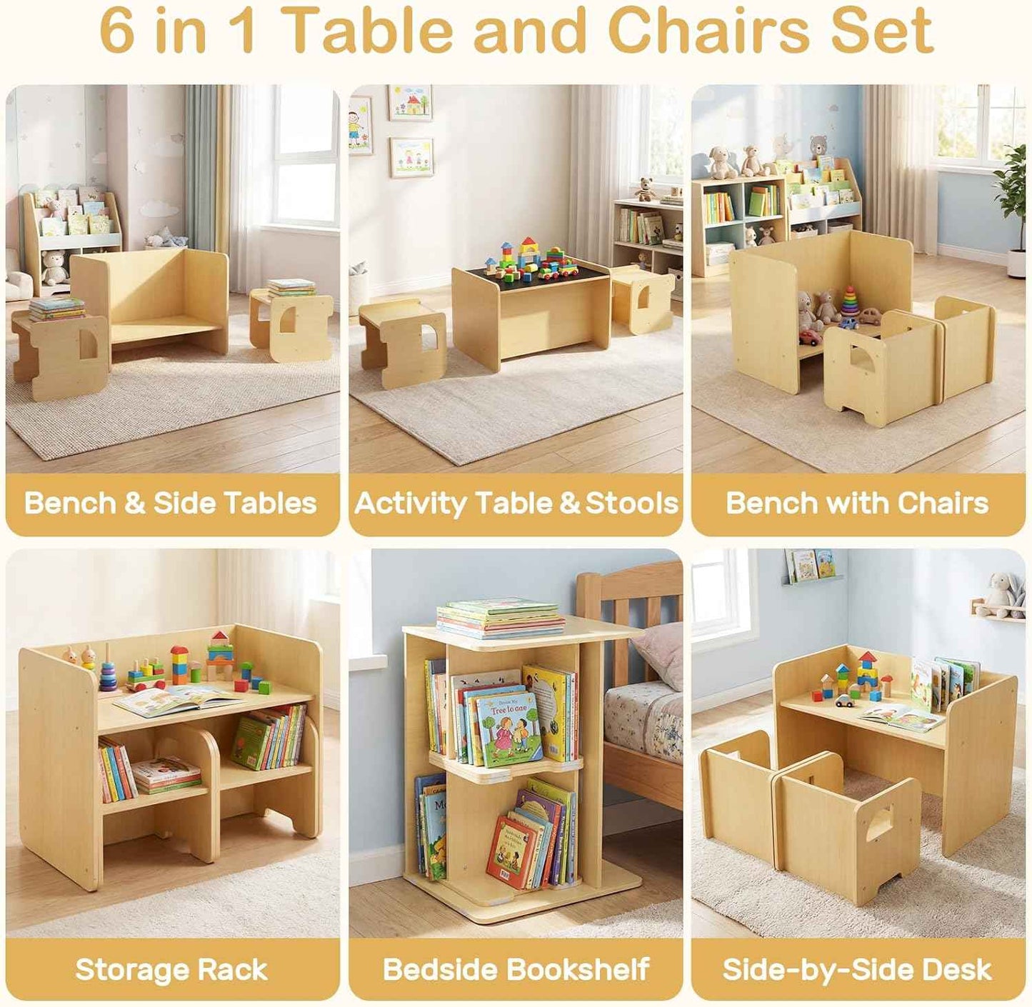 Olakids Montessori Weaning Table and Chair Set, Adjustable Height Kids Activity Desk with Blackboard 2 Chairs for Toddler Aged 1-3, Ideal for Step Stool Drawing Reading (Natural)