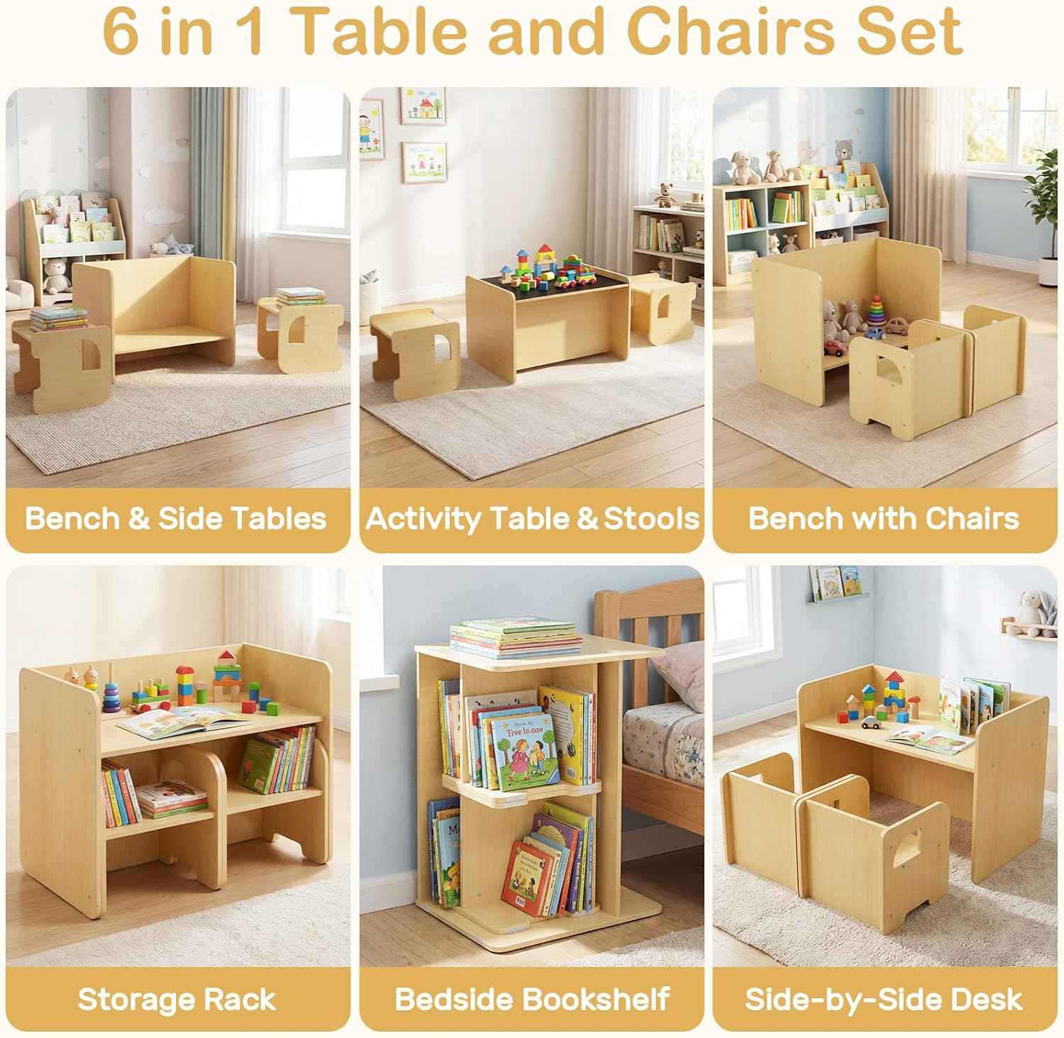 Olakids Montessori Weaning Table and Chair Set, Adjustable Height Kids Activity Desk with Blackboard 2 Chairs for Toddler Aged 1-3, Ideal for Step Stool Drawing Reading (Natural)