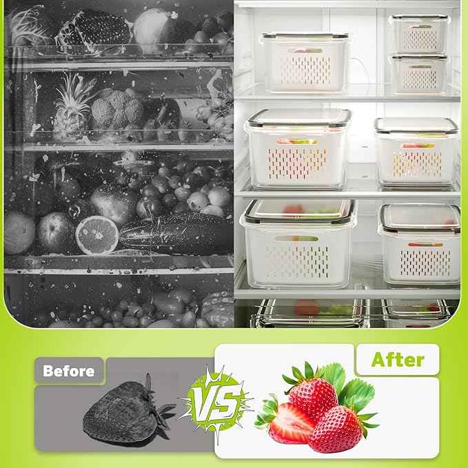 6 PCS Fruit Storage Containers for Fridge with 6 Removable Colanders, BPA Free Fruit Containers for Fridge, Dishwasher & Microwave Safe Produce Containers Keep Fruits, Vegetable, Berry Fresh Longer