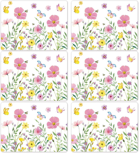 Spring Floral Butterfly Placemats Set of 6 Flower Summer Plastic Table Mats Wildflower Place Mats Washable Vinyl Rustic Holiday Table Decoration for Indoor Outdoor Party Kitchen Dining