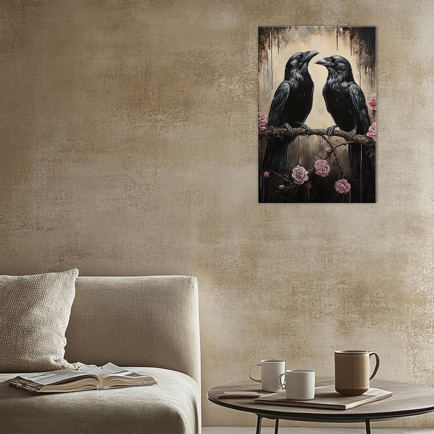 OAAPITI Crow Canvas Wall Art Black Raven Picture Print Pink Rose Poster Vintage Gothic Painting Artwork for Living Room Halloween Decor(Artwork-6,16"x24")