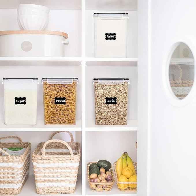 Vtopmart 4 PCS Large Food Storage Containers 5.2L / 175oz, 4 Pieces BPA Free Plastic Airtight Canisters for Flour, Sugar, Baking Supplies, Rice with Lids, 4 Measuring Cups and 24 Labels, Black