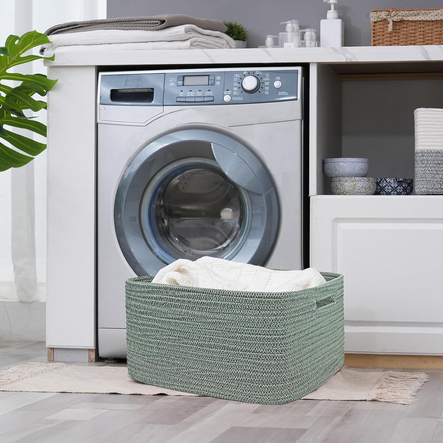 COMFY-HOMI Cotton Rope Woven Basket with Handles for Shelves,Toys,Book, Cloth Storage Baskets for Organizing-17" x 13" x 7.5" Toy Decorative Organizer for Living Room, Bathroom （Green）