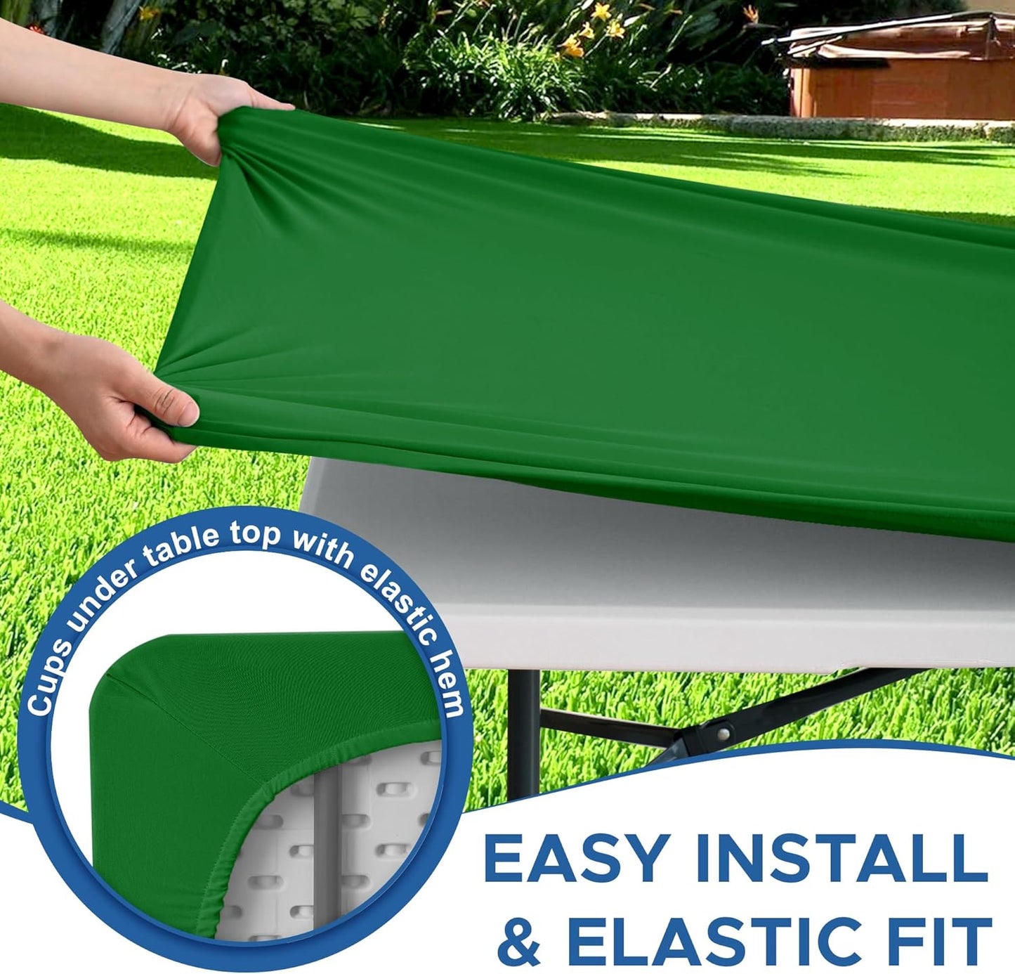 Fitted Tablecloth for 8 Foot Rectangle Tables-6 Pack Green Elastic Outdoor Picnic Table Cover-Spandex Stretch Folding Table Cloths 8ft for Camping Dining Room Patio Kitchen Banquet Party