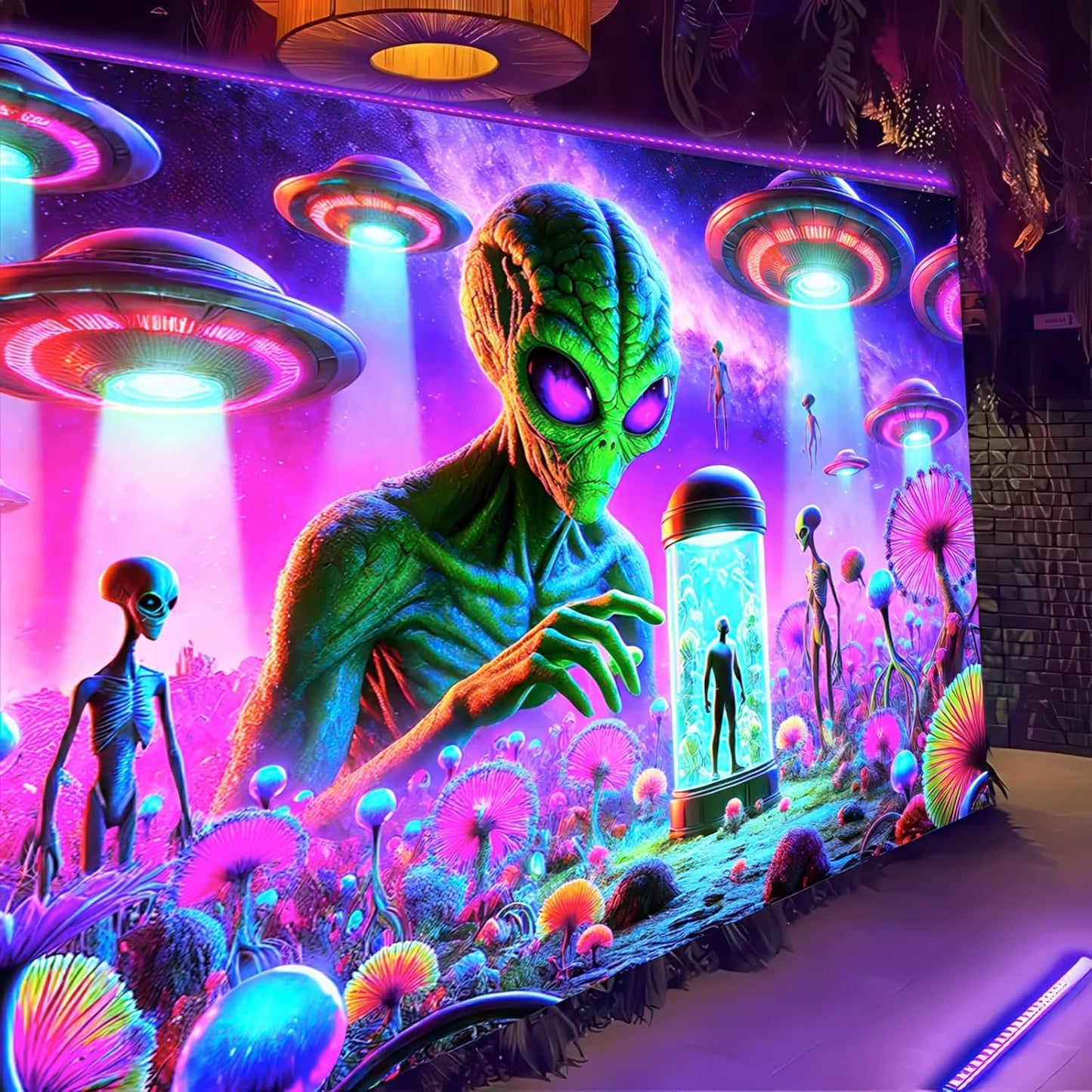 BlissYard Neon Alien UFO Black Light Tapestry Cosmic Sci Fi Mushroom Planet UV Reactive Psychedelic Space Blacklight Tapestry Wall Hanging for Bedroom Living Room Dorm Game Room Party Decor 78x59 Inch