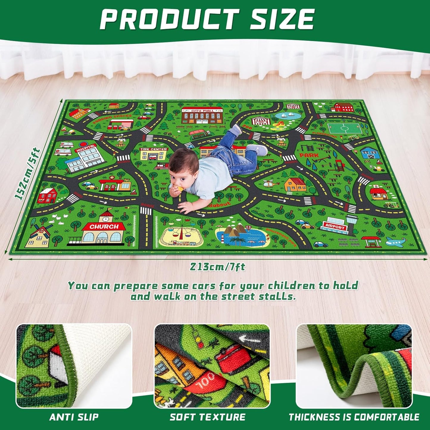 Kids Carpet Playmat Rug 5 x 7 ft Player Car Rug, City Life Traffic Road Map Mat Educational Game Area Mat for Toddler Children Playroom Classroom Bedroom(Green)