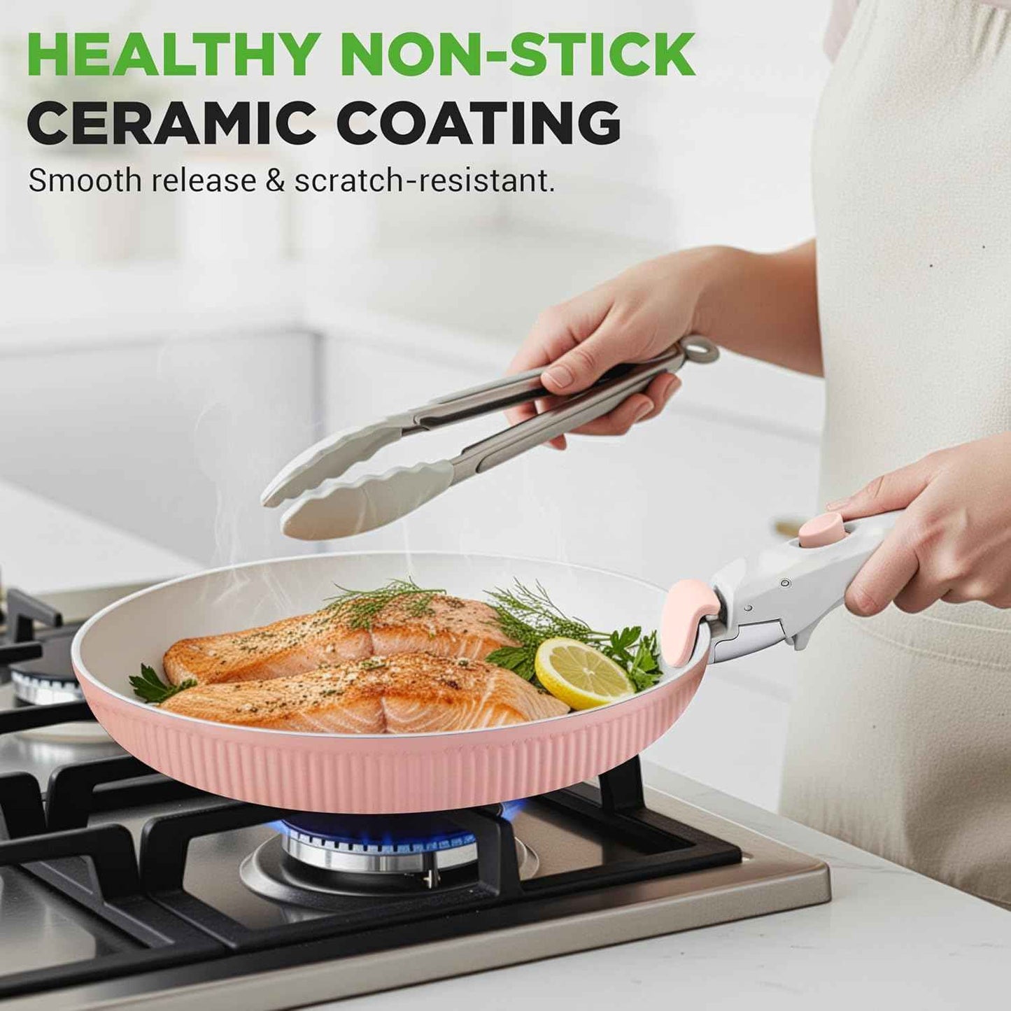 NutriChef 18-Piece Ceramic Cookware Set with Detachable Handles, Space-Saving Nonstick Pots, Pans & Lids, Oven-Safe Bowls, Stackable Storage, Includes Cooking Utensils & Accessories (Pink)