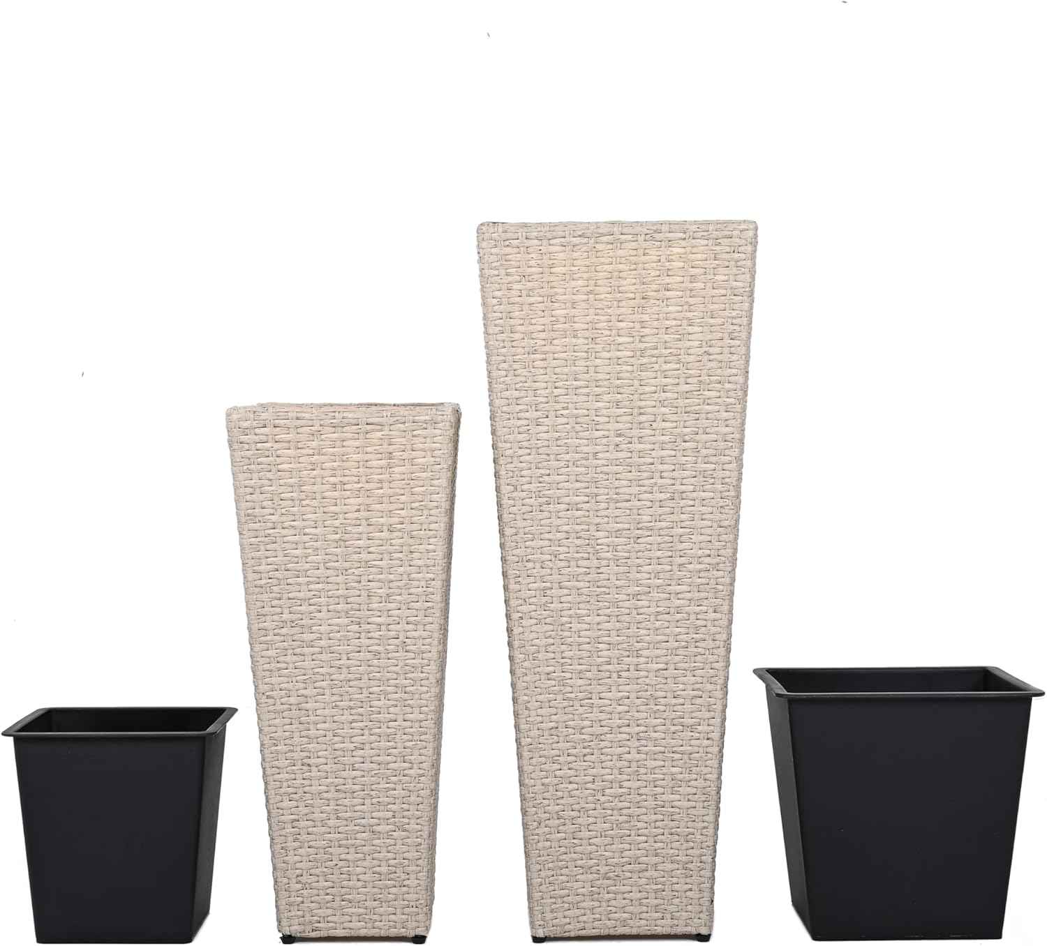 32"H Outdoor Rattan Flower Pots Set of 2,Patio Wicker All-Weather Planter Set,Rattan Plant Pots with Iron Frame for Herb Garden,or Indoor Decor,Large & Small Sizes, No Assembly Required Beige