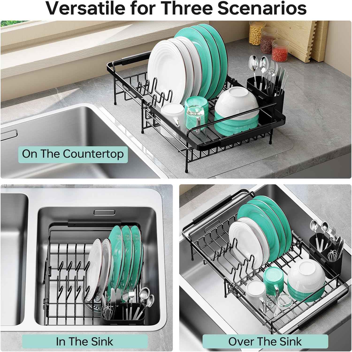 Urackify Dish Drying Rack in Sink - Expandable (14.5''-18''L) Over The Sink Dish Rack with Utensil Holder, Space-Saving Dish Drainer for Kitchen Counter, 1 Piece, Matte Black