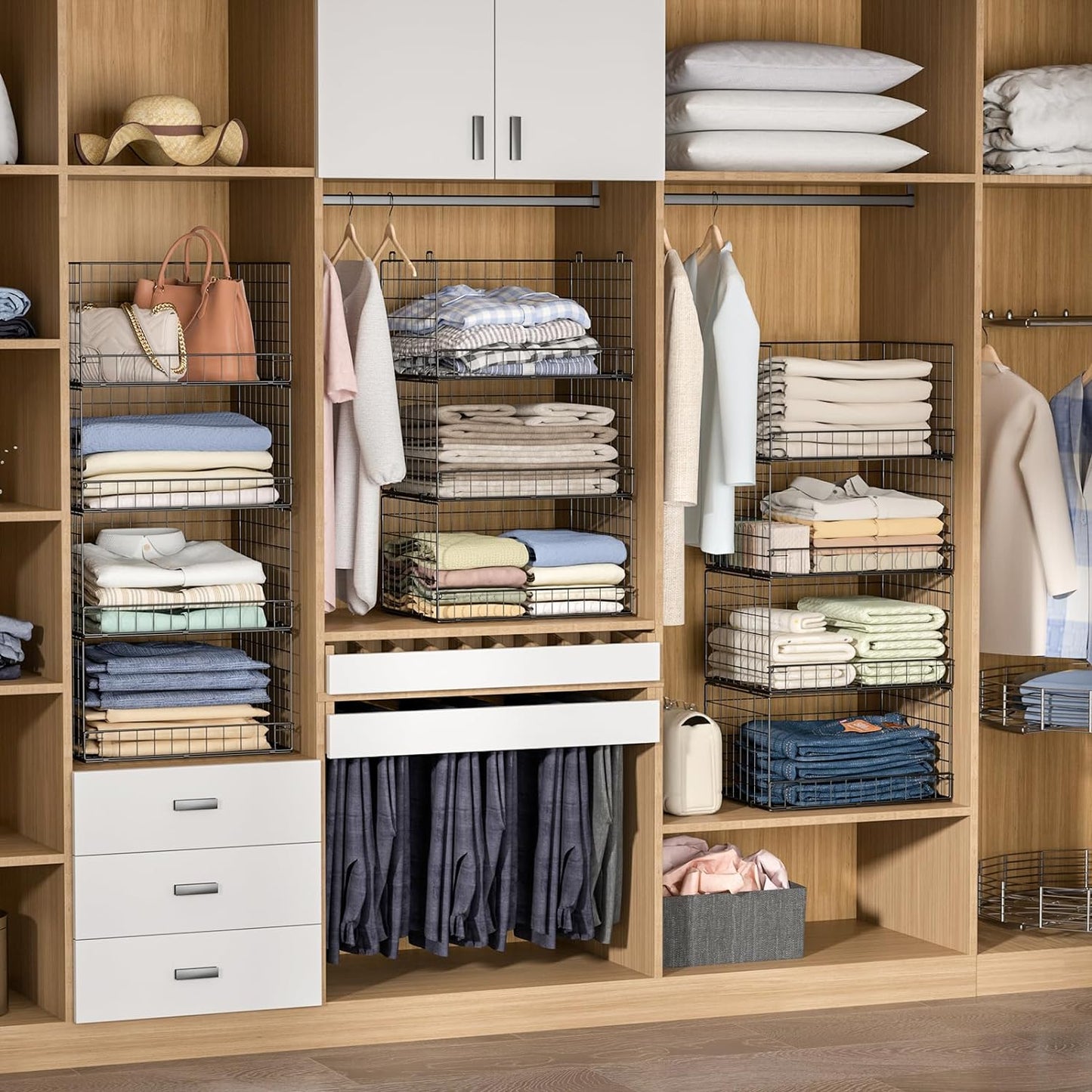 4-Tier Stackable Closet Organizers and Storage Shelves, Clothes Shelf Organizer Basket Bins, Foldable Sweater Storage for Closet Organizer System, Black (Patent Pending)