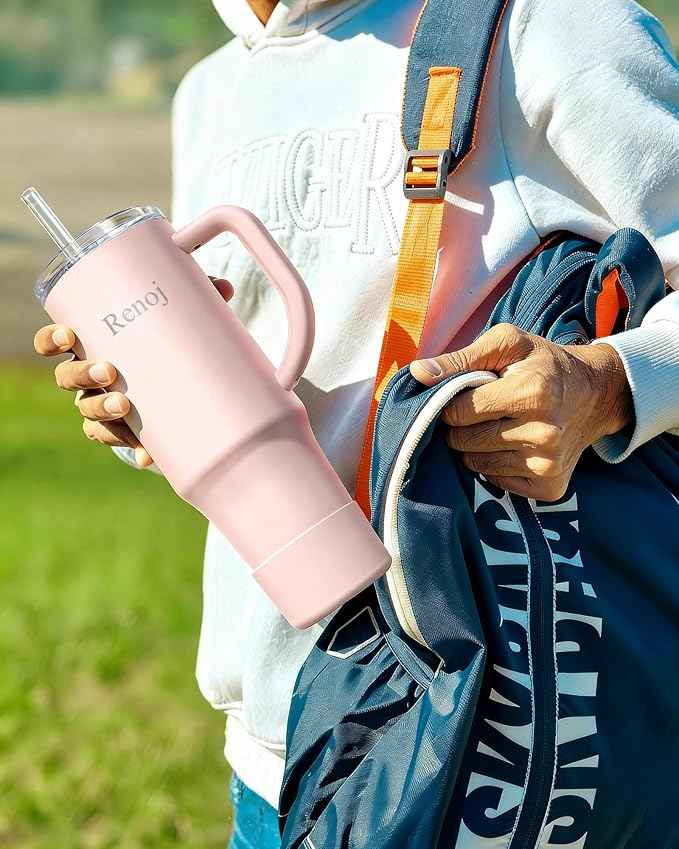 Renoj Insulated Mug 100% Spill Resistant Insulated Water Bottle for Iced Coffee & Hot Drinks - Fits Car Cup Holder, Ideal Gift, 2 Straws & Silicone Boot - FlexSlide Light Pink 32 oz