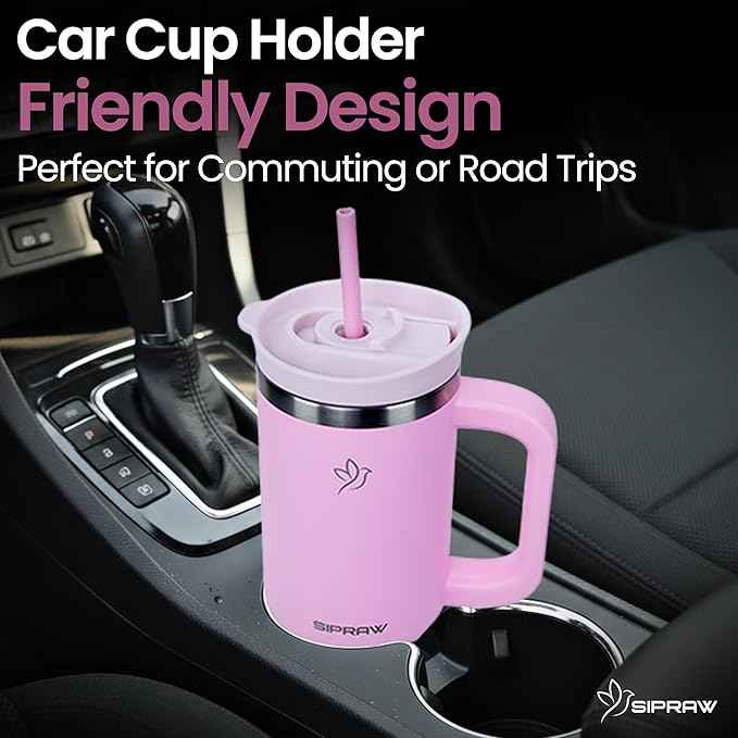 30oz Tumbler with Handle and Straw Insulated Stainless Steel Travel Mug Vacuum Double Wall Coffee Cup Leak Resistant Lid BPA-Free Cup Holder Friendly for Hot & Cold Drinks, Pink