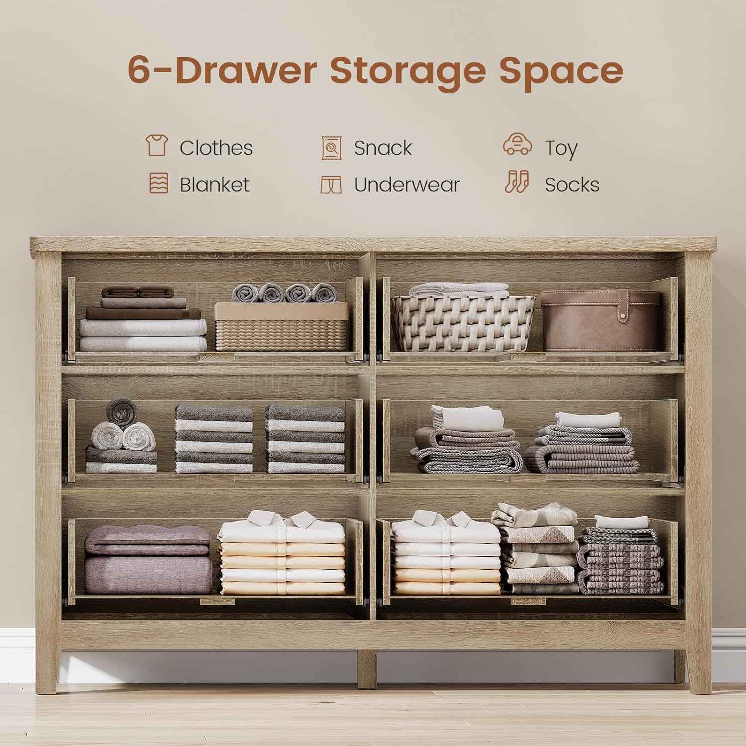Farmhouse 6 Drawer Dresser for Bedroom, 48'' Wide Chest of Drawers with Metal Handles, Wood Dresser TV Stand, Rustic Storage Organizer for Closet, Living Room, Grey Oak