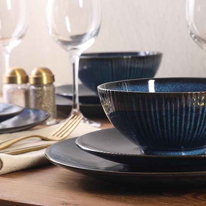 Gibson Elite Midnight Lune Plates and Bowls Sets, 12-Piece Stoneware Dinnerware Sets, Reactive Glaze Dish Set - Blue