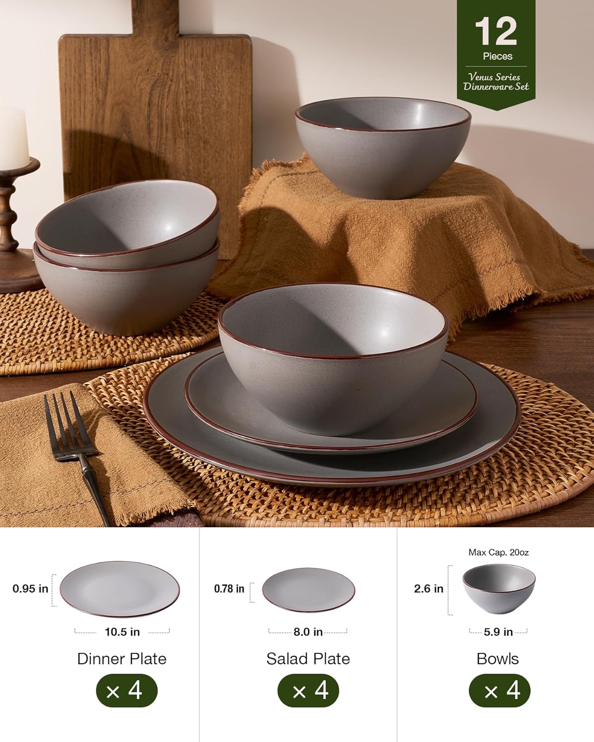 Famiware Venus Plates and Bowls Sets, 12 Pieces Stoneware Speckled Dinnerware Sets, Dishes Set for 4, Microwave and Dishwasher Safe, Matte Dark Grey