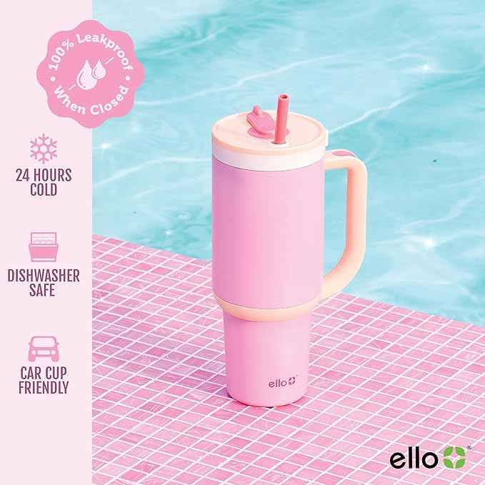 Ello Oasis 40 oz Tumbler with Handle & Retracting Straw | Reusable Insulated Stainless Steel Cup 100% Leakproof, Gifts for Teens Women Men | Keeps cold for 20 Hours, Cup Holder Friendly, Sunrise Glow