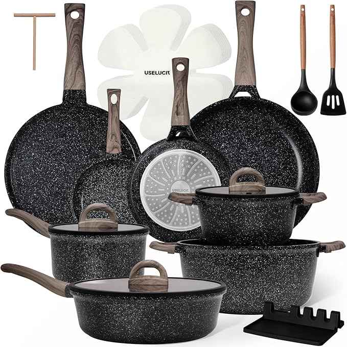 Pots and Pans Set Nonstick 22 Pcs, Ceramic cookware set Non-Toxic Coating Inky Granite Kitchen Cookware Set, Induction Kitchen Cooking Set w/Frying Pans, Saucepans & Glass Lids, PFOS & PFOA Free