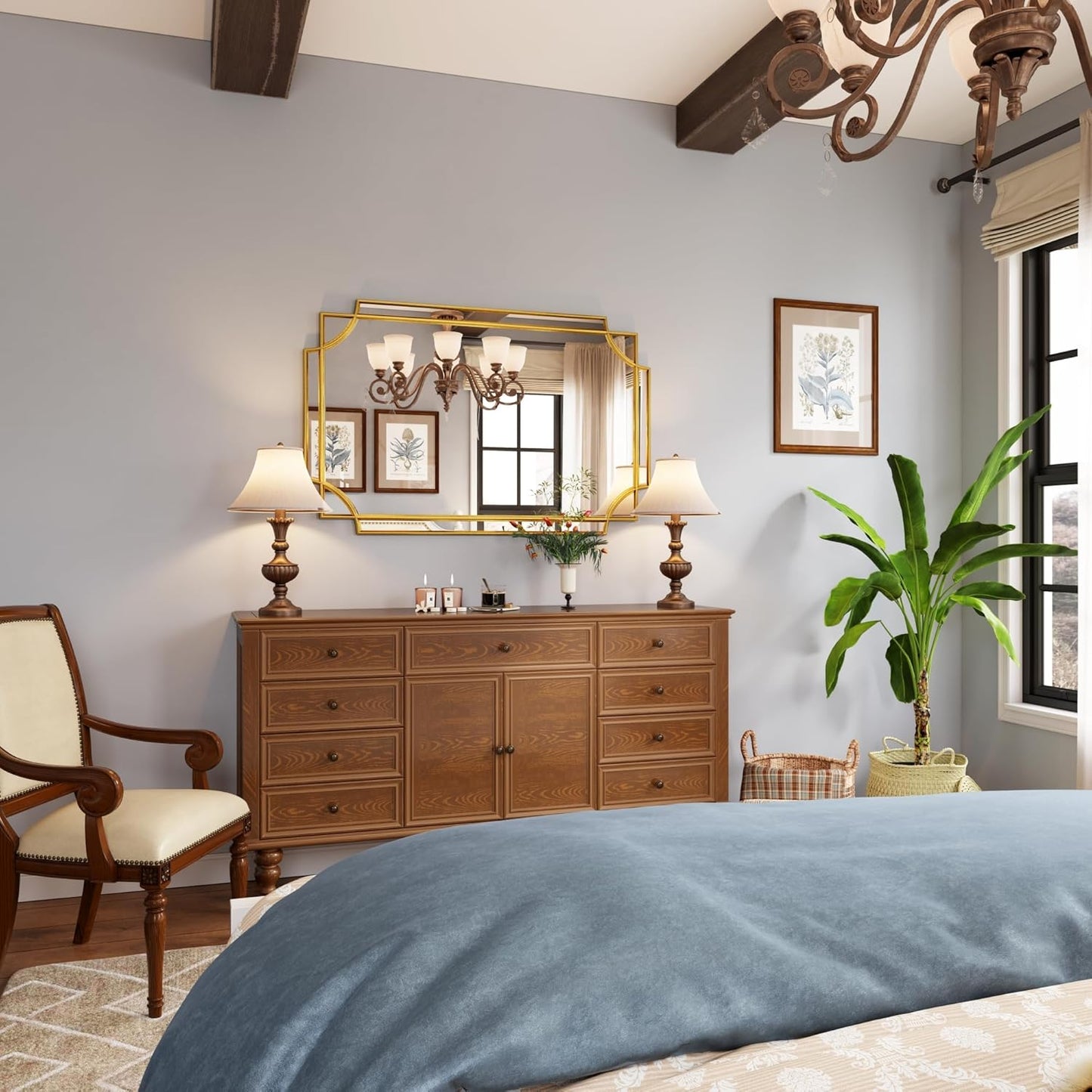 Kelly Miller Large Gold Mirror for Wall, 30"x46" Gold Bathroom Mirror Vanity Mirror Decorative Mirror Scalloped Beveled Mirror for Master Bath Half Bath Living Room Bedroom Farmhouse Fireplace Hallway