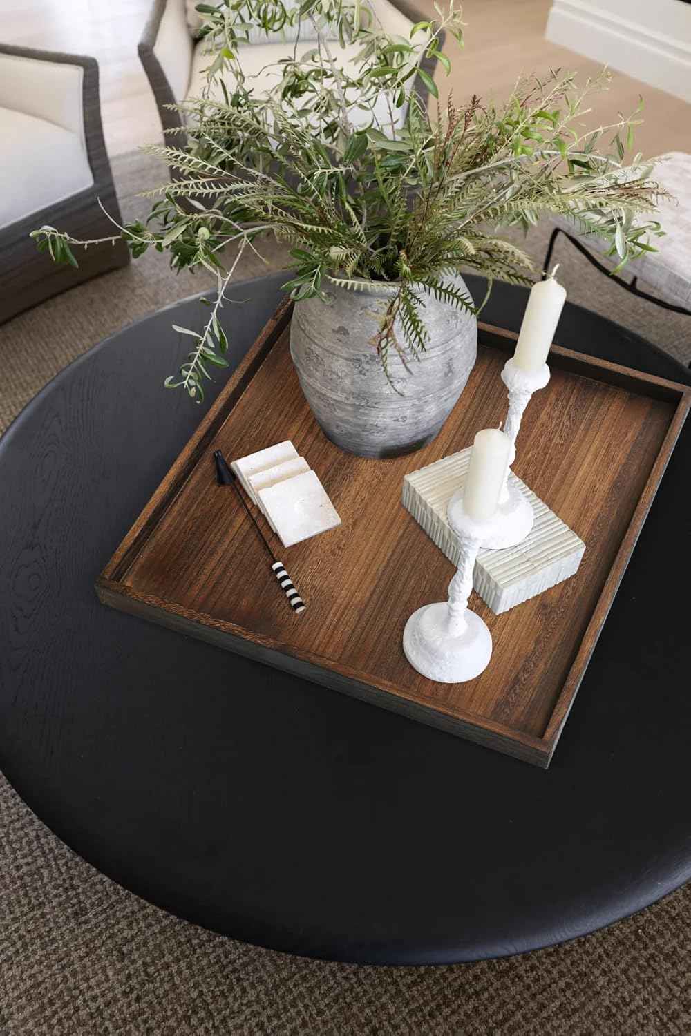 Gurfuy Square Wood Ottoman Serving Tray 24" - Rustic Wooden Table Tray for Farmhouse Decorative Oversized Coffee Table Trays Living Room Kitchen Counter Breakfast Brown