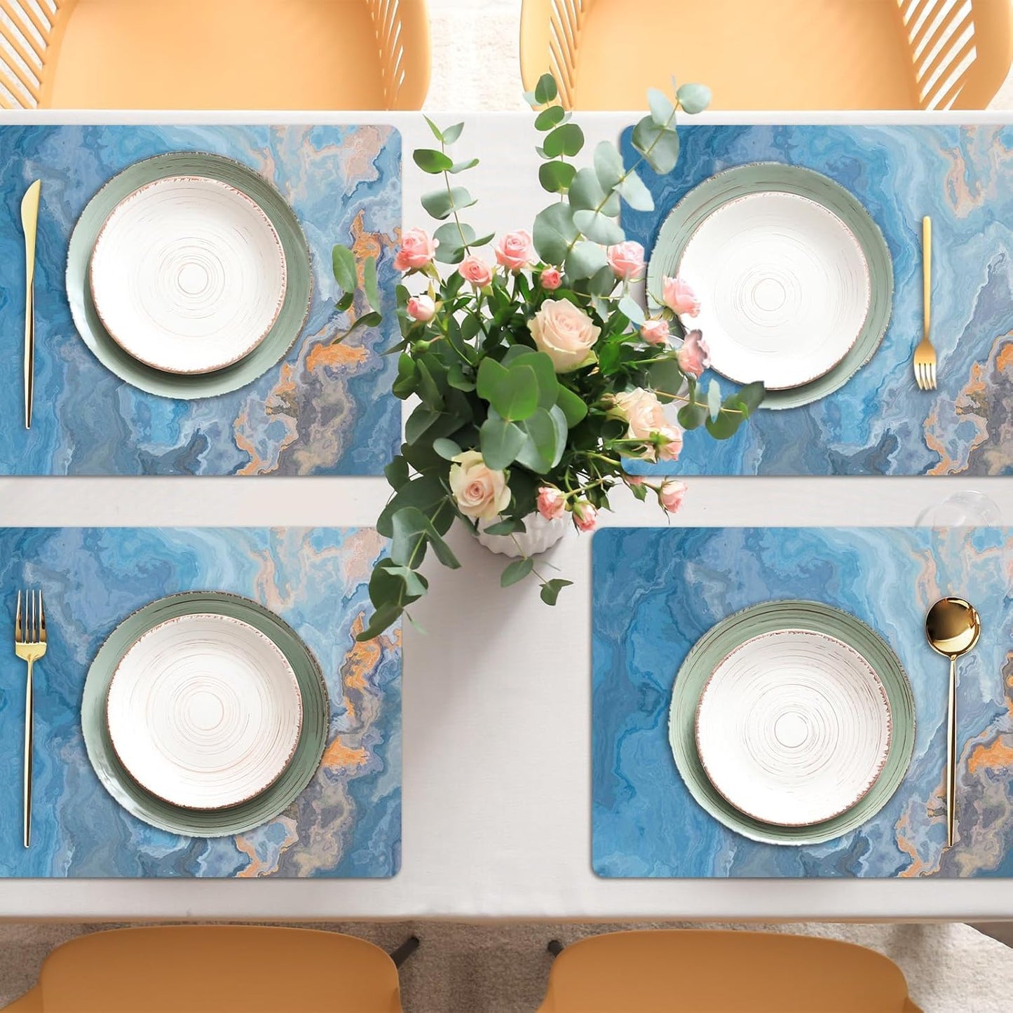 Marble Placemats Set of 6 Blue Marbles Plastic Table Mats Marble Theme Place Mats Wipe Clean Washable Holiday Table Decoration for Indoor Outdoor Party Kitchen Dining