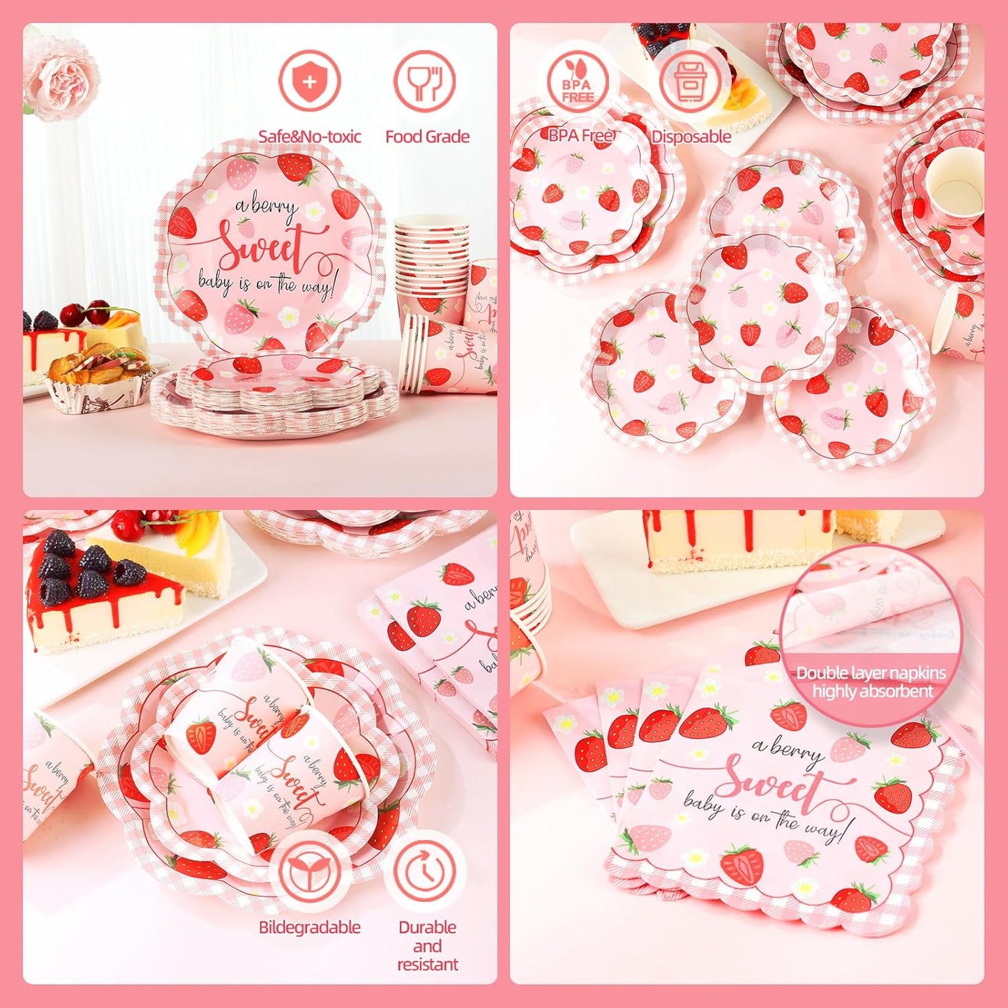 Strawberry Baby Shower Decorations for Girl, Berry Sweet Baby Shower Plates and Cups and Napkins Sets Serves 24, Strawberry Plates, A Berry Sweet Baby Is On The Way Decorations, Girl