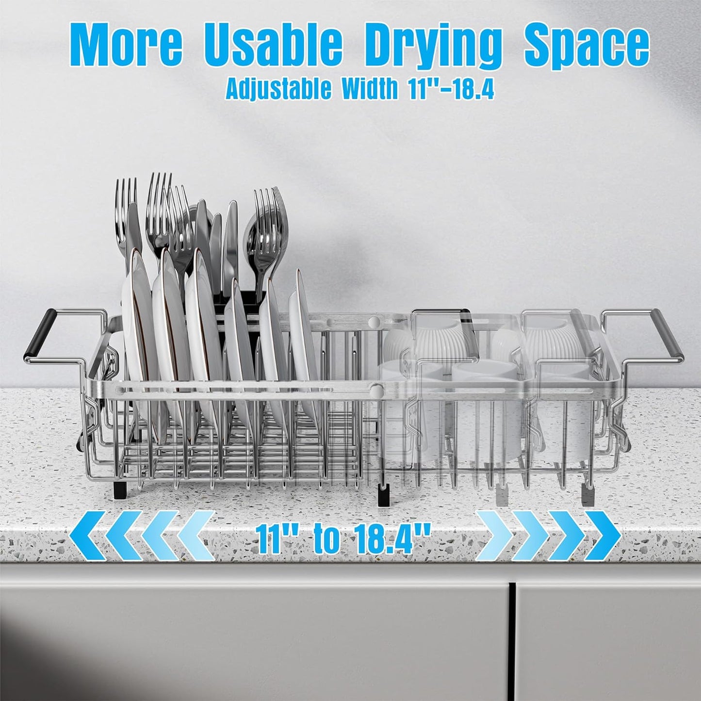 Expandable Over The Sink Dish Drying Rack, Anti-Rust Stainless Steel in Sink Dish Drainer with Cutlery Holder, Counter Space Saving Sturdy Sink Drying Rack for Many Kitchen Drain Task