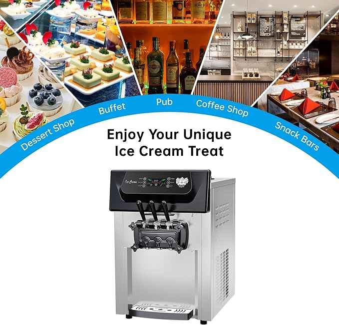 Commercial Soft Serve Ice Cream Maker Machine 3 Head Countertop, 2200W Heavy-Duty Frozen Yogurt Dispenser for Restaurants, Fast Serving & Easy Clean (YKF-8216T, 110V)