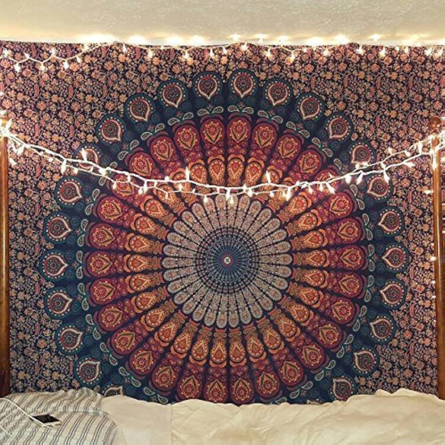 Bless International Handmade Indian hippie Bohemian Psychedelic Peacock Mandala Wall hanging College Dorm Beach Throws Table Cloth Bedding Tapestry (Golden Blue, Twin(54x72Inches)(140x185cms))