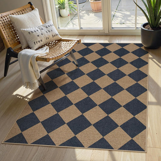 Lahome Checkered Easy Jute Entryway Rug, 3x5 Washable Area Rugs for Living Room Outdoor Patio, Non Slip Blue Indoor Door Mat Checkerboard Throw Carpet for Entry Front Door Guestroom Deck