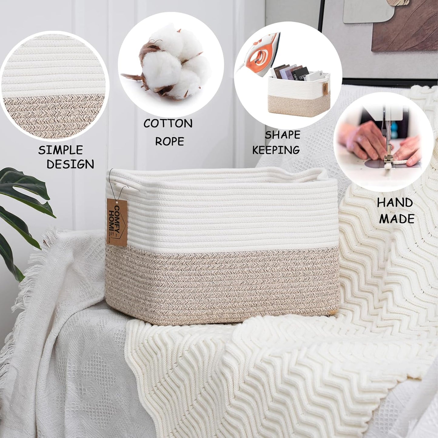 COMFY-HOMI Cotton Rope Woven Basket with Handles for Shelves,Toys,Book, Cloth Storage Baskets for Organizing-13.5" x 11" x 9.5" Toy Decorative Organizer for Living Room, Bathroom （White/Brown）