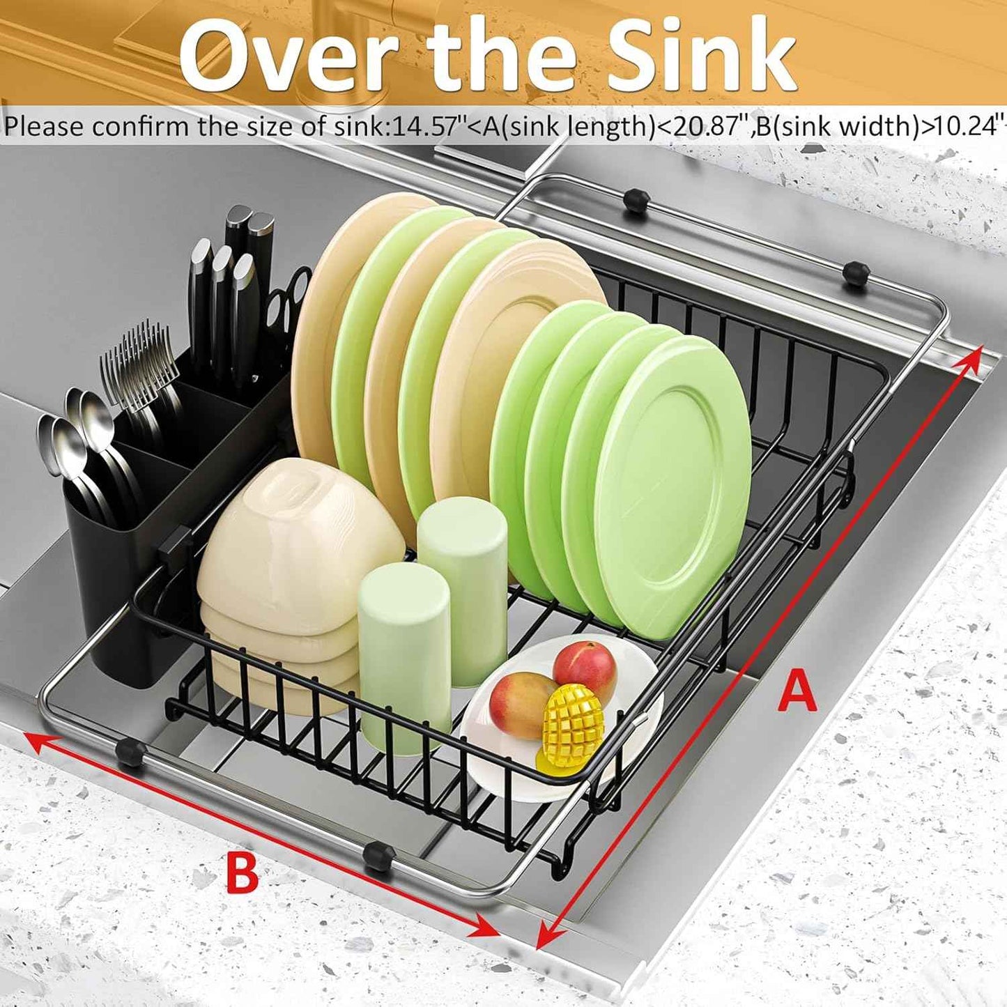 Expandable in Sink Dish Drying Rack,Small Dish Rack Over Sink with Utensil Holder,Stainless Steel Dish Drainers for Kitchen Counter,Sink Drying Rack for Small Space,14.57“-20.87”L x 10.24“W x 2.76”D