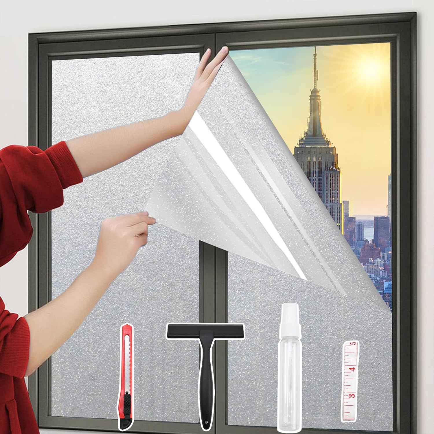 Frosted Glass Window Film with 4 Tools,Privacy Window Film with Ice-Crystal Effect and Reusable Design. Easy Installation Static Cling.Ideal for Home and Offices- Pure 35.43"x196.9"