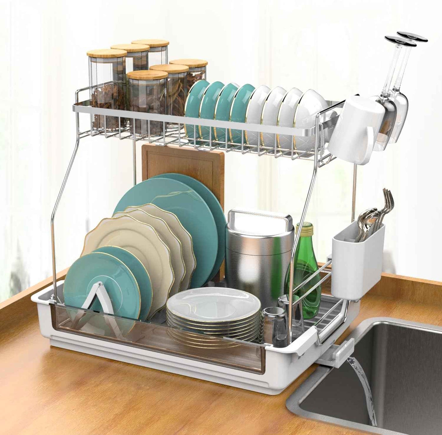 Rustproof Dish Drying Rack, 2 Tier Large Dish Rack,17.13"(L) x 13.2"(W) x 15.35"(H), Detachable Dish Drainer Organizer with Utensil Holder, Drainboard,White