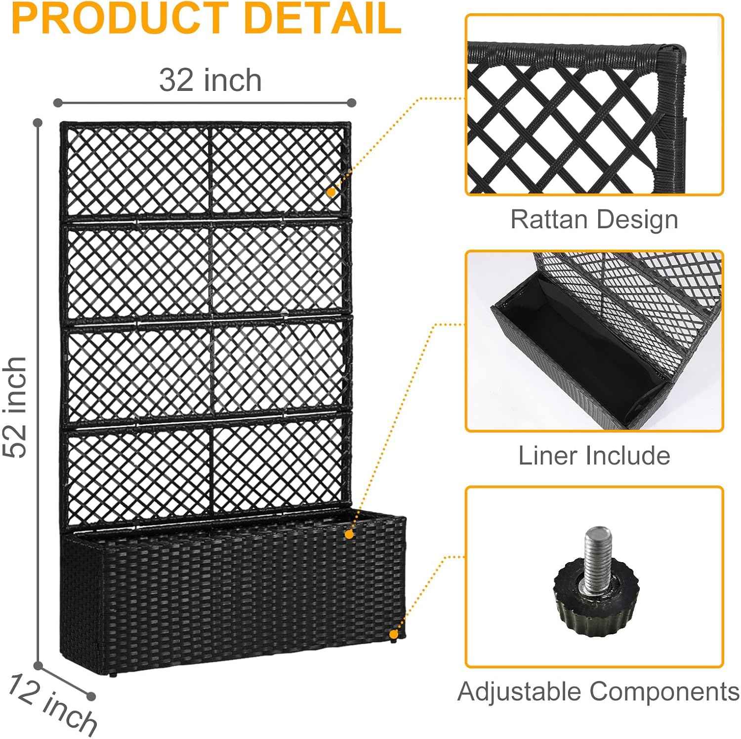 52’’ H Garden Planter Box with Trellis Outdoor for Vine Climbing Plants, Flowers Handwoven Rattan Garden Bed with Removable Liners for Backyard Patio Balcony