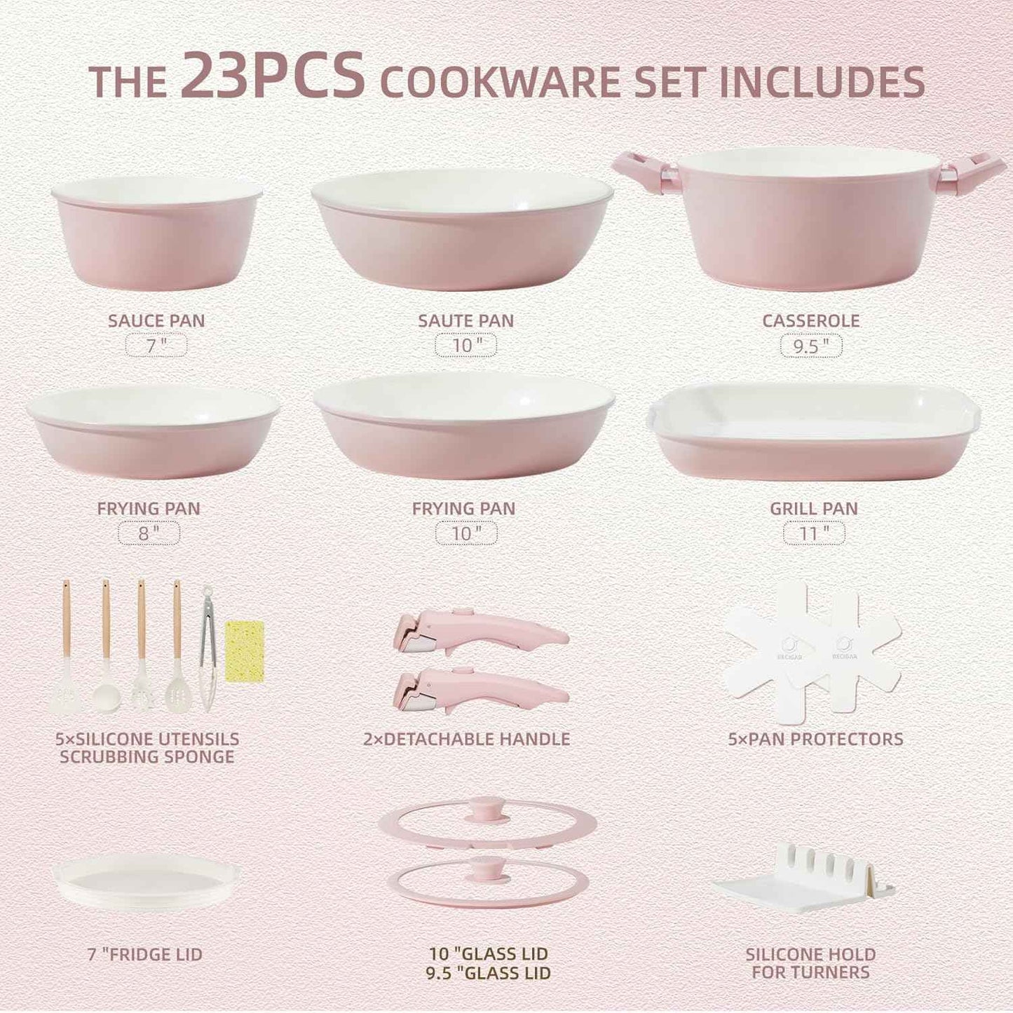 BECIGAR 23pcs Ceramic Pots and Pans Set, Nonstick Detachable Handle Cookware, Induction Kitchen Cooking Set with Removable Handle,include Frying Pans & Saucepans Oven Safe(Pink)