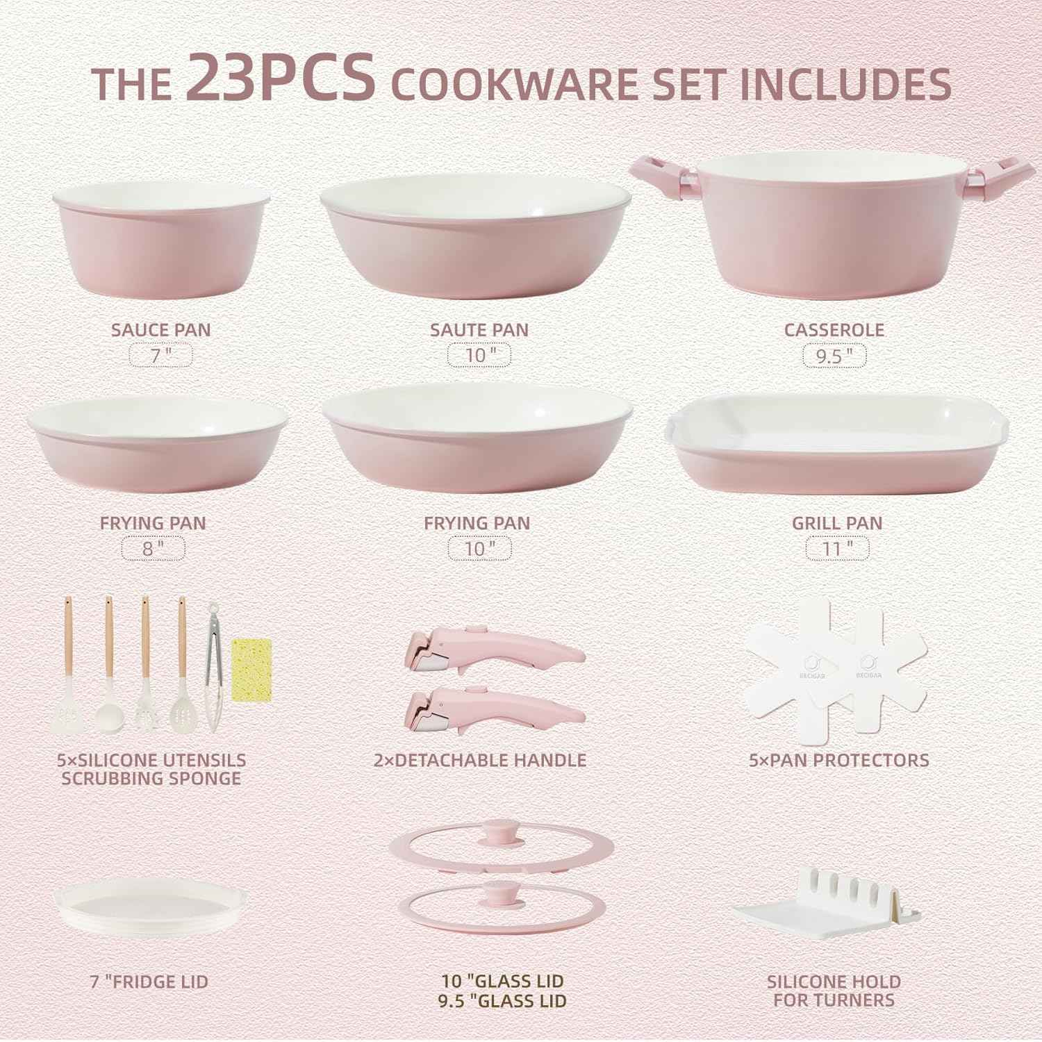 BECIGAR 23pcs Ceramic Pots and Pans Set, Nonstick Detachable Handle Cookware, Induction Kitchen Cooking Set with Removable Handle,include Frying Pans & Saucepans Oven Safe(Pink)