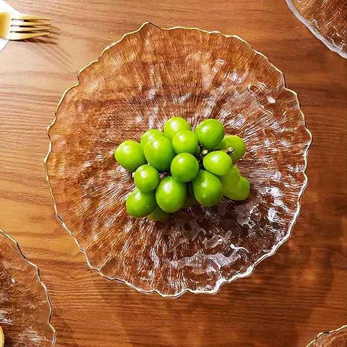 Glass Salad Bowl Irregular Lotus Flower Shape Serving Bowls, Mixing Nut Bowls for Kitchen Fruist, Snack, Dessert, and Ice Cream Candy Dishes (Plate with Gold Rim Crystal Clear, Small)