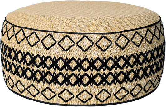 Outdoor Inflatable Ottoman with Air Pump, Embroidery Patio Footrest Stool D21”x H9”, Round Pouf Ottoman with Portable Handle Suitable for Garden, Camping, Bedroom, Living Room