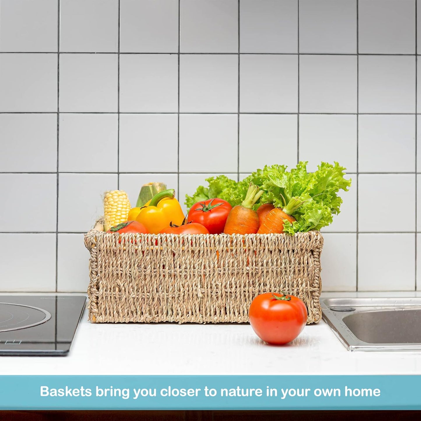 Natural Seagrass Storage Basket with Handle, Rectangular Woven Organizer Bin for Living Room or Shelf, Decorative Storage Basket, Medium Size 13.4 x 9.3 x 4.9 Inches