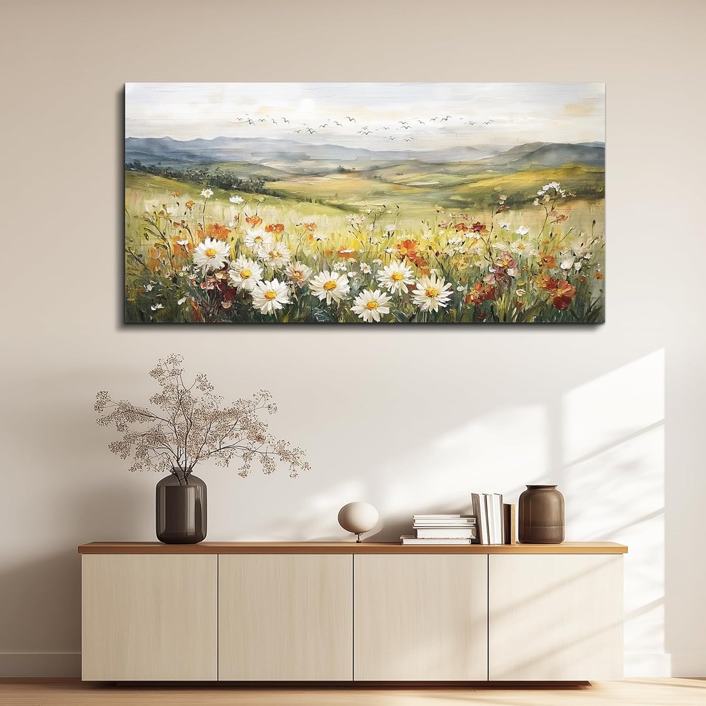FUHAIHUA Canvas Wall Art For Living Room Large Framed Wall Decor For Bedroom Modern Office Wall Decorations Prairie Flowers Landscape Painting Farmhouse Pictures Artwork Home Decor 20" x 40"