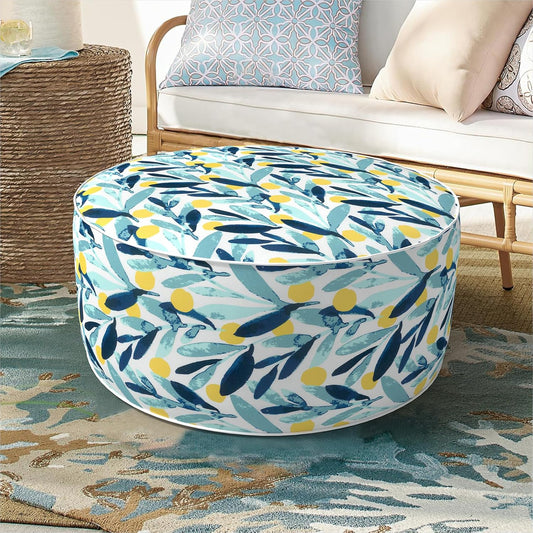 Inflatable Ottoman Stool D21 xH9 for Outdoor/Indoor Use, Water Repellent Patio Foot Rest Stool with Portable Handle,Round Pouf Ottoman Suitable for Garden,Deck and Camping - Leaves Multi