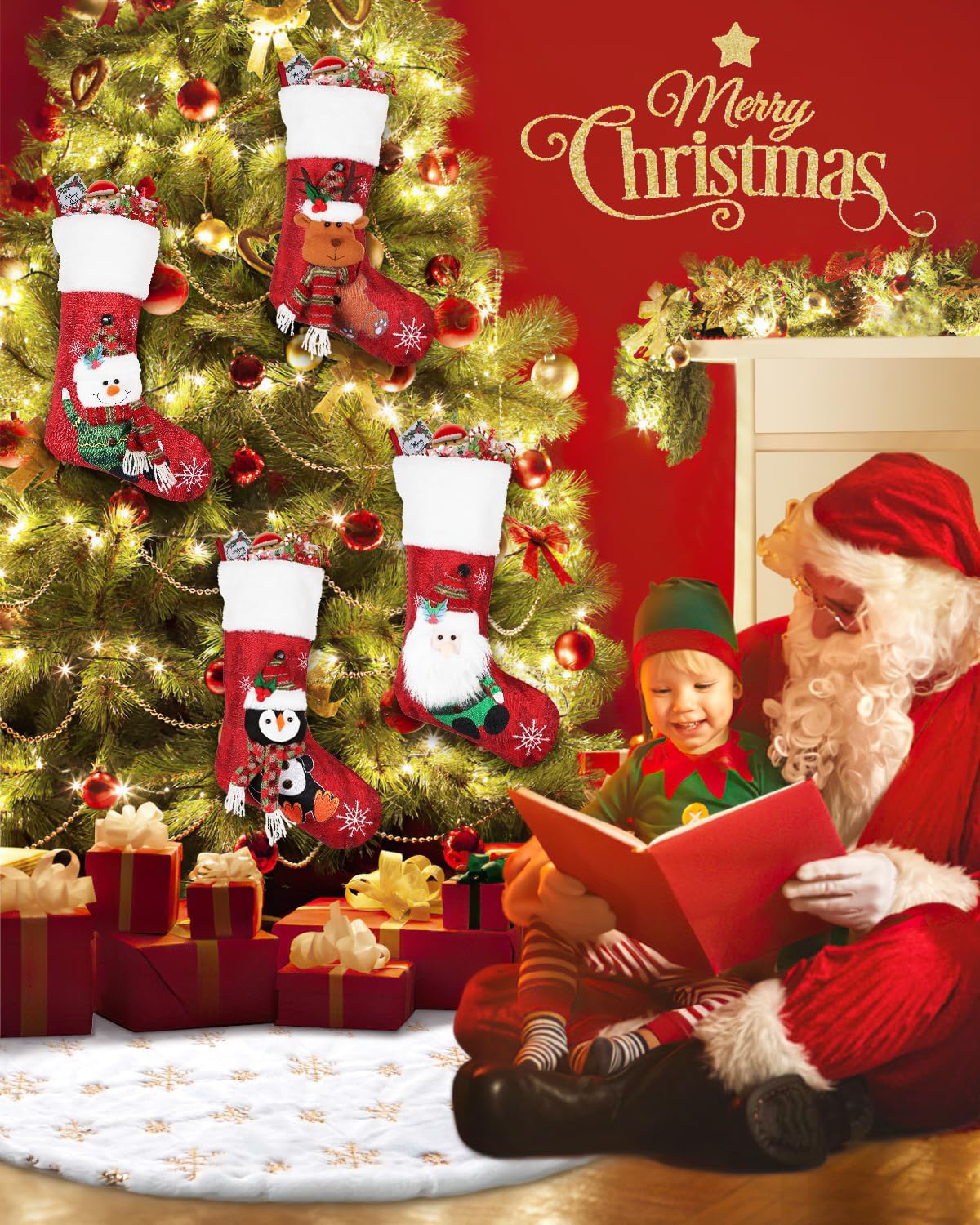 COOLWUFAN 72 Inches Christmas Tree Skirt for Xmas Tree Holiday Party Decoration White Plush Gold Sequin Snowflake (Gold)