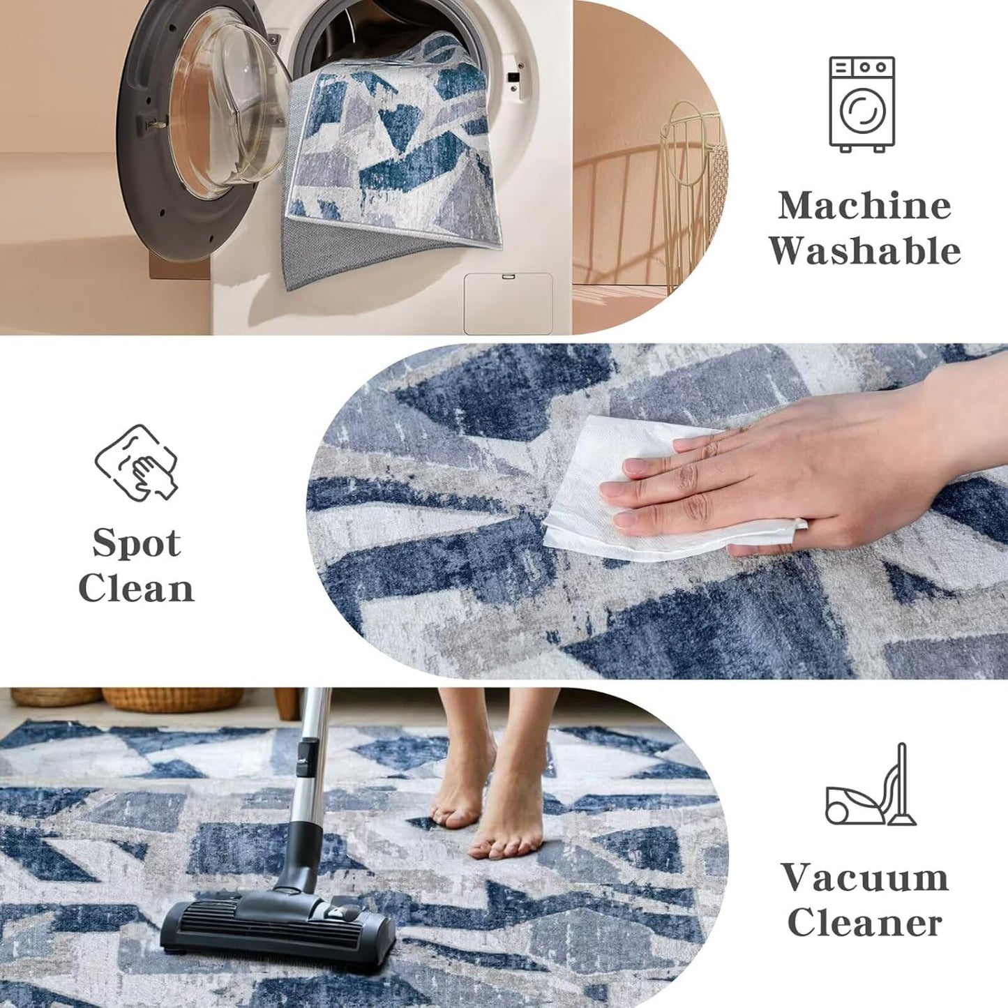 Modern Abstract Blue 8X10 Area Rug for Living Room Bedroom Washable, with Non-Slip Rubber Backing Print Faux Wool Thin, Throw Large Carpet for Kids Playroom Dining Room Pet & Child Friendly