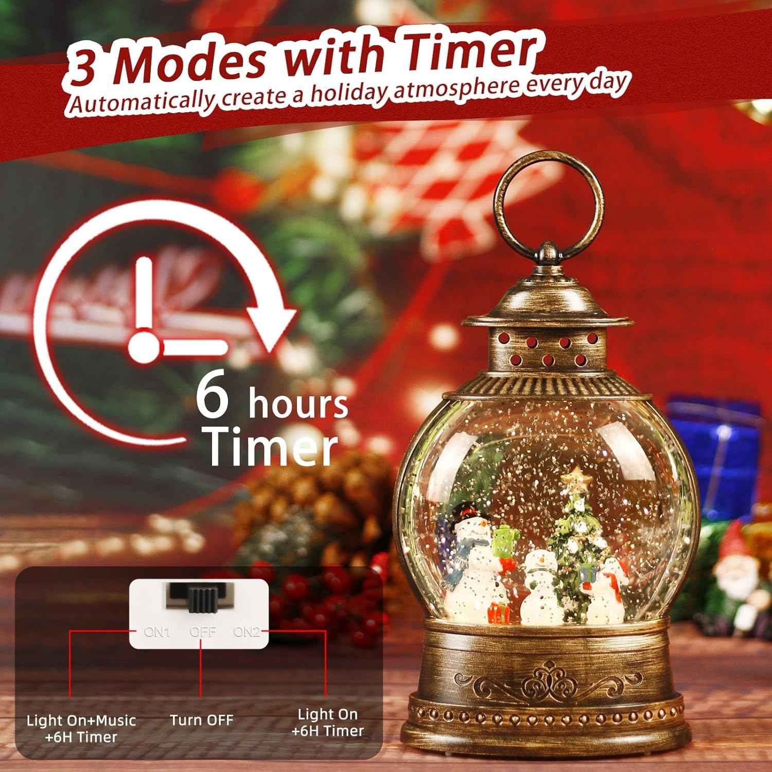 Christmas Snow Globe Lantern, Musical Lighted Snowman and Tree Snow Globes with 6H Timer, Battery & USB Operated Spinning and Swirling Glitter Snow Globes Christmas Decorations