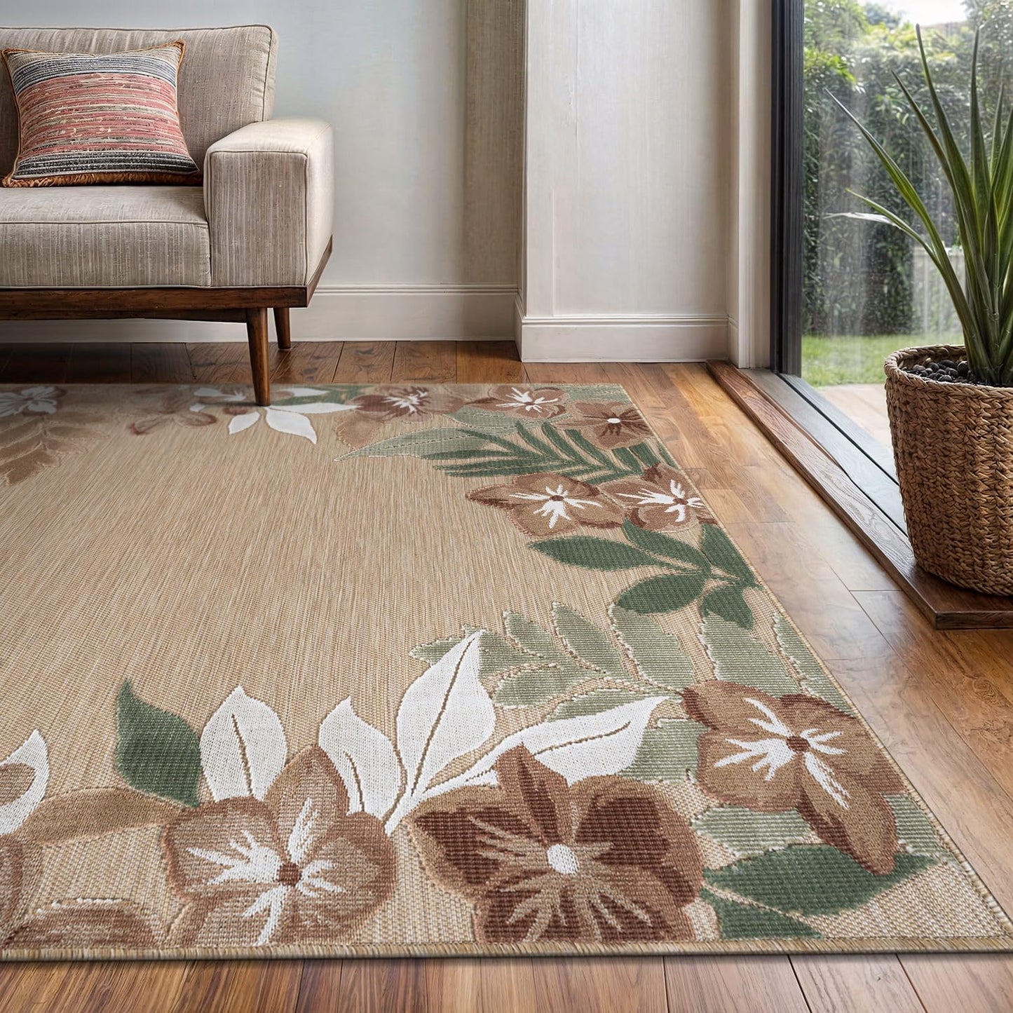 Outdoor Rug 9x12 Washable Area Rugs Indoor Outdoor Carpets Beige Border Floral Non Shedding Waterproof Easy Clean Patio Deck Porch Living Room Bedroom Garden RV (9 X 12 Beige)