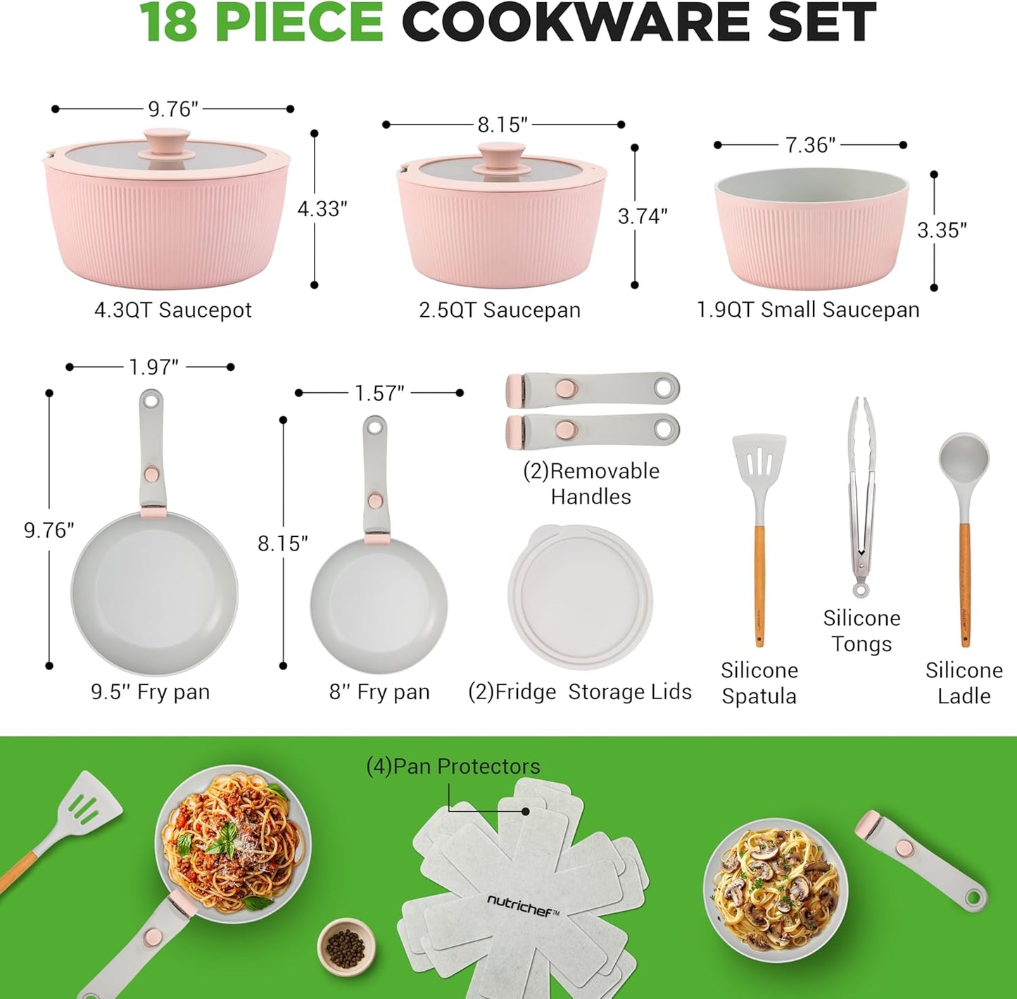 NutriChef 18-Piece Ceramic Cookware Set with Detachable Handles, Space-Saving Nonstick Pots, Pans & Lids, Oven-Safe Bowls, Stackable Storage, Includes Cooking Utensils & Accessories (Pink)