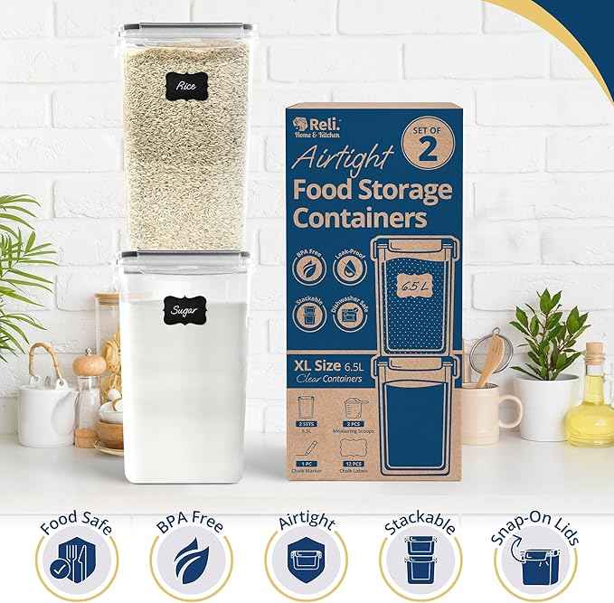 Reli. 6.5L Airtight Food Storage Containers with Lids (2 Sets) | Kitchen Organizers and Storage Containers, Pantry Organizers | BPA Free Plastic XL Set w/ 2 Measuring Cups, 12 Labels, Pen
