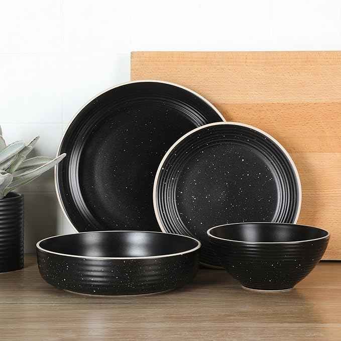 Gibson Home Dinah 16-Piece Matte Black Stoneware Dinnerware Set – Double Bowl, Embossed Speckled Design, Durable Kitchen Dinner Set